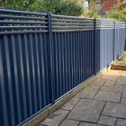 Blue Metal Fence with Contemporary 5 Trellis