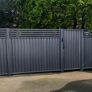 Grey Metal Fence with Contemporary 5 Trellis